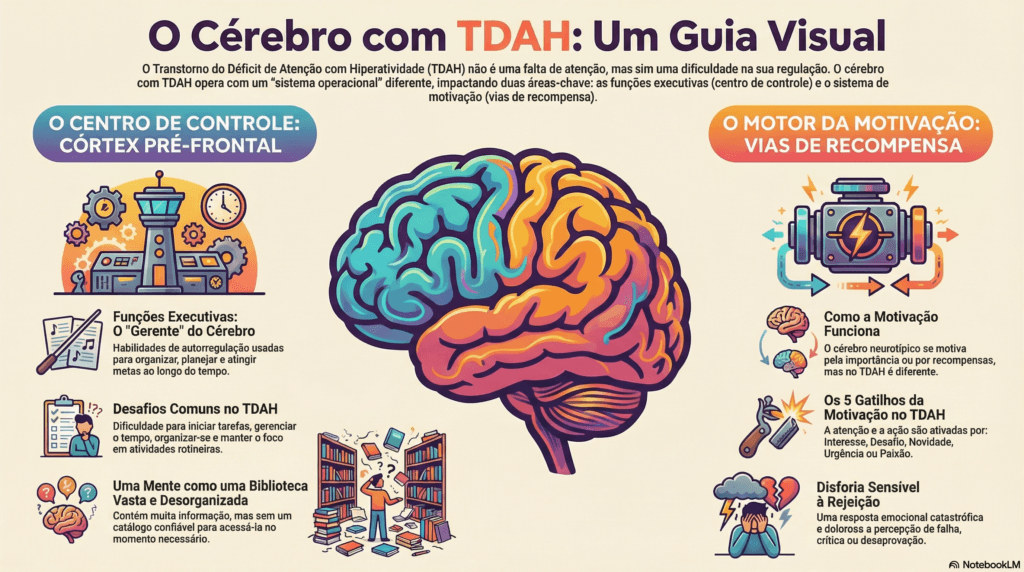 Infográfico do cérebro humano destacando o sistema de recompensa e as vias de transmissão de dopamina entre o córtex e o estriado.