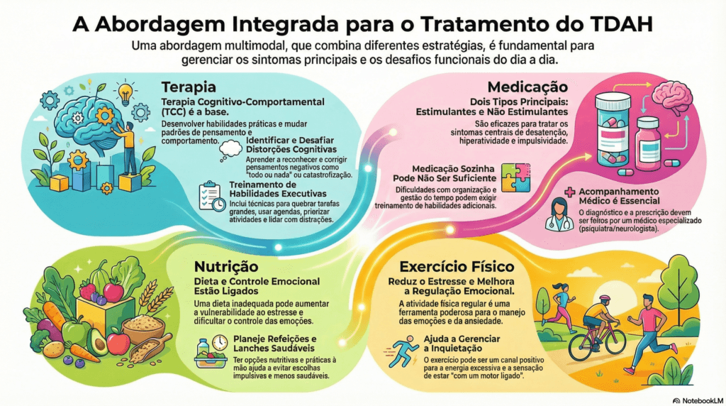 Os pilares do tratamento para TDAH em adultos visando o bem-estar mental.