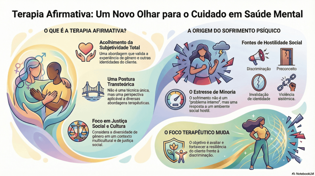 O olhar da Terapia Afirmativa, com acolhimento da subjetividade total, postura transteórica e foco em justiça social e cultura, atuando na compreensão da origem do sofrimento e estresse de minoria.
