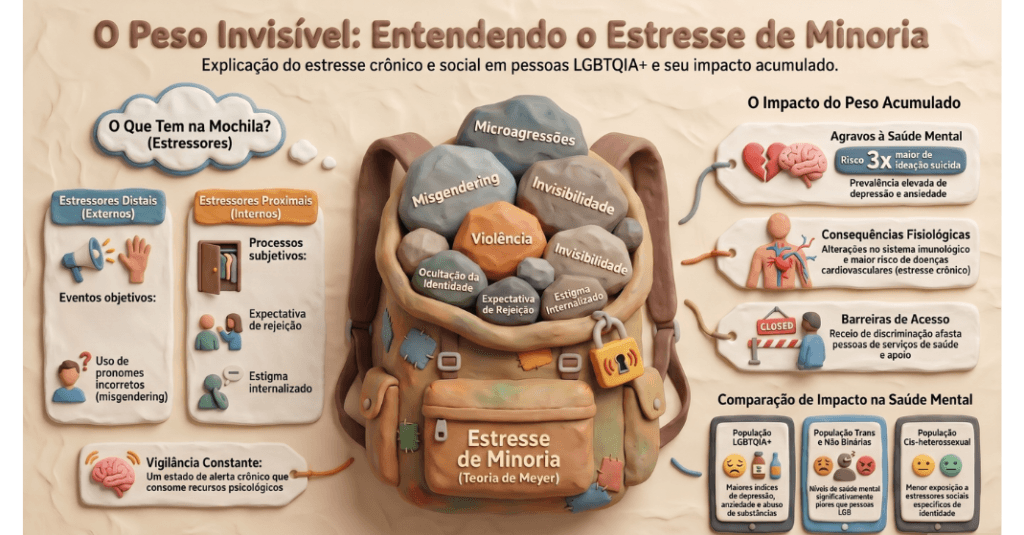 Existir fora do binário: Infográfico simplificado mostrando uma mochila pesada rotulada "Estresse de Minoria", cheia de pedras com palavras como "Microagressões", "Misgendering", "Invisibilidade".