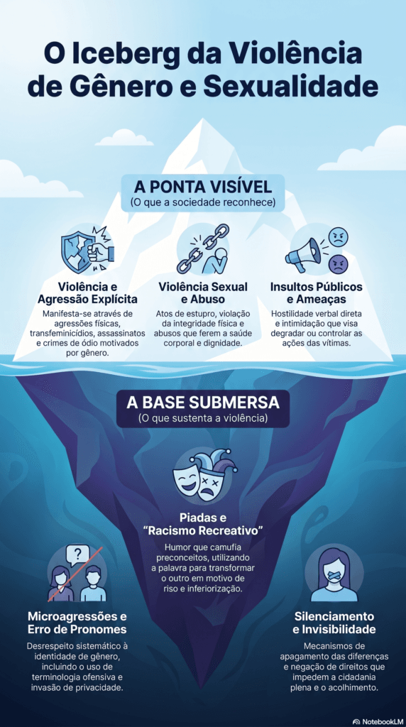 Gráfico do iceberg explicando a diferença entre a LGBTfobia explícita e a LGBTfobia invisível que causa o estresse de minoria.