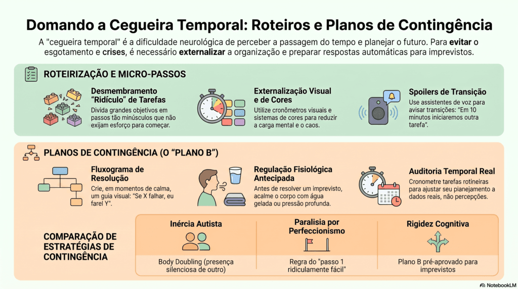 Roteirização de tarefas e criação de planos de contingência para evitar meltdowns diante dos atrasos causados pela cegueira temporal.
