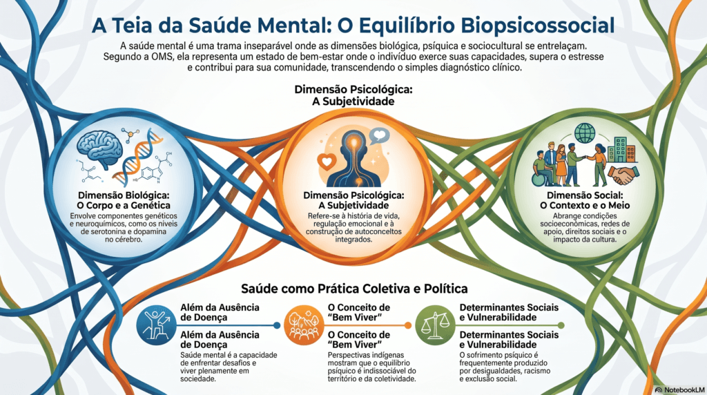Representação visual e criativa de como a saúde mental é um equilíbrio integral entre o biológico, o psicológico e o social.