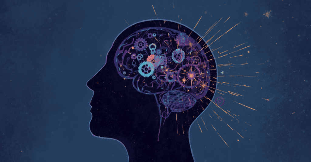 Representação do cérebro acelerado e hiperfocado que afeta o sono nas neurodivergências.