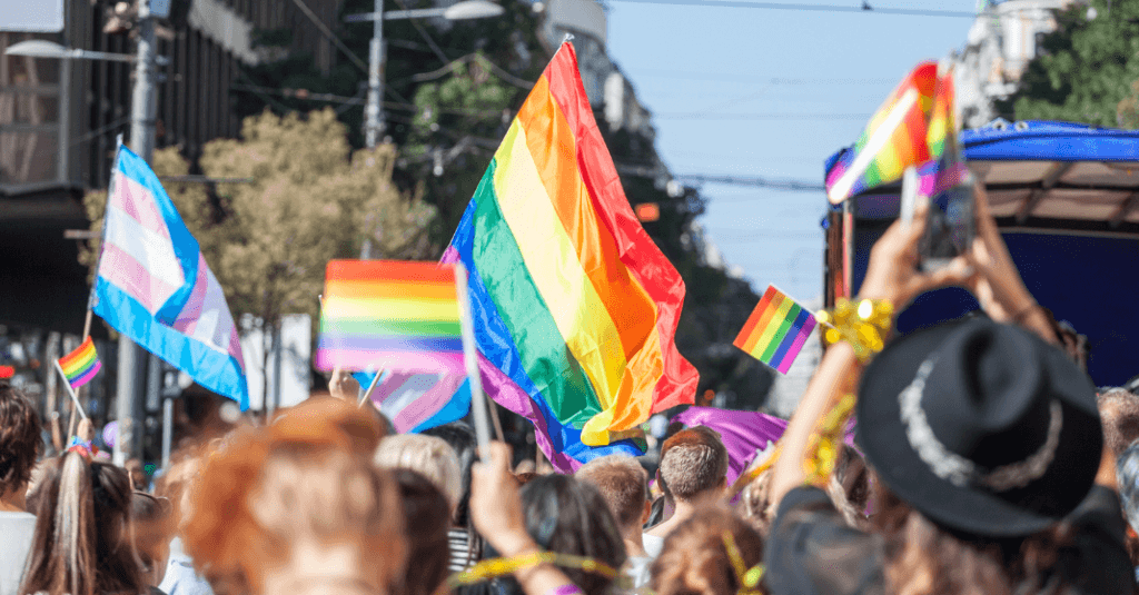 Grupo diverso celebrando o Orgulho LGBTQIAPN+ e construindo redes de apoio para proteção da saúde mental.