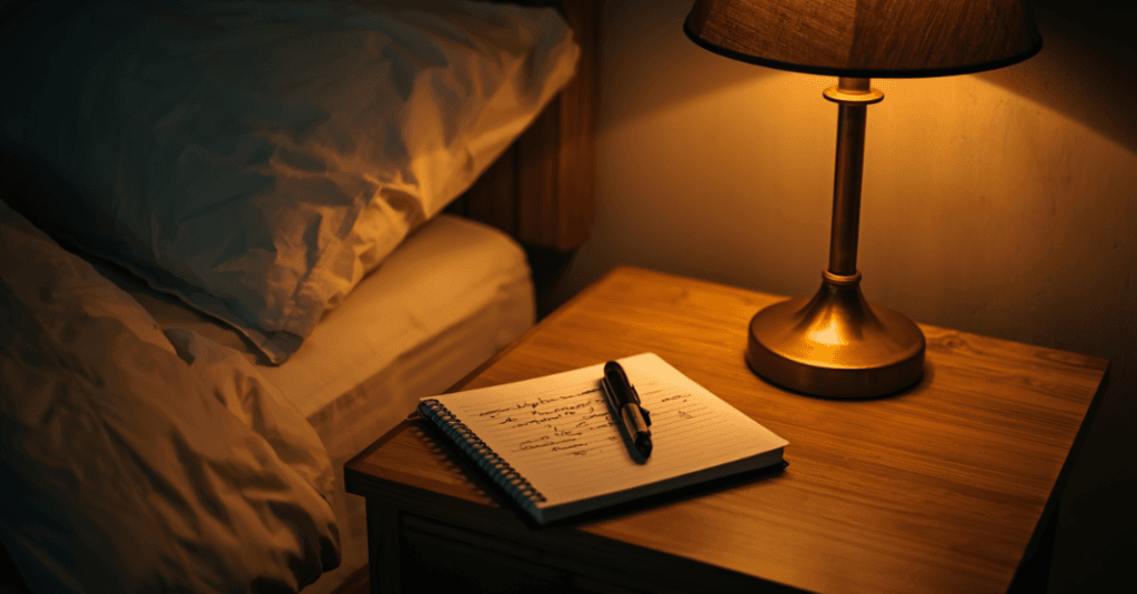 Foco em uma mesa de cabeceira ao lado de uma cama, onde há um bloco de notas escrito à mão e uma luminária de luz quente (amarelada).