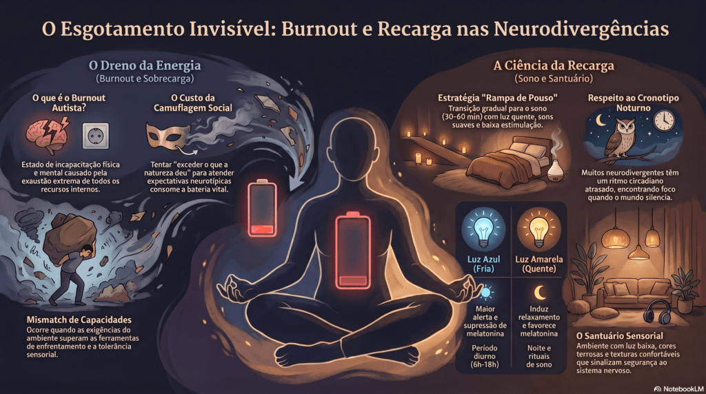 Metáfora visual ilustrando a exaustão profunda e a perda de energia no burnout autista.
