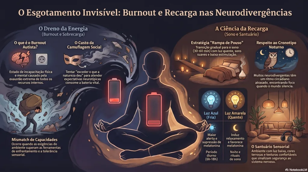 Metáfora visual ilustrando a exaustão profunda e a perda de energia no burnout autista.