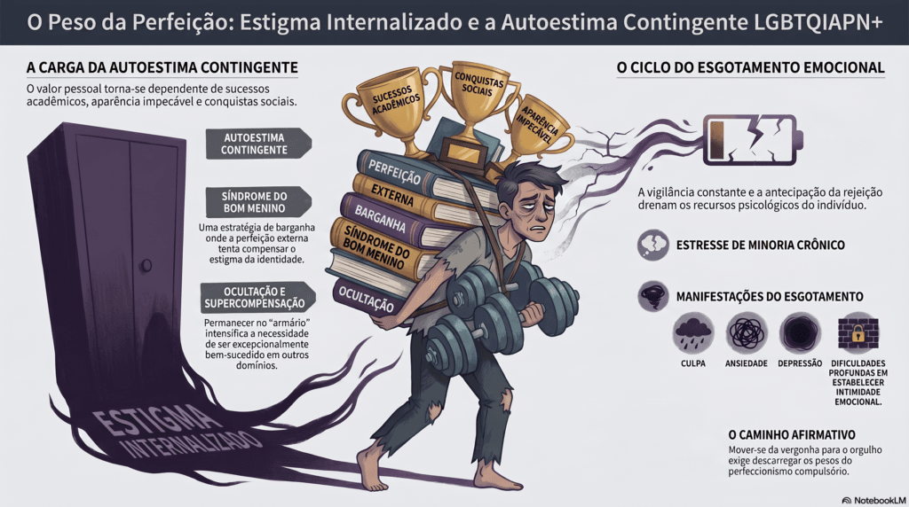 Representação da autoestima contingente e do esgotamento emocional provocado pelo estigma internalizado em pessoas LGBTQIAPN+.