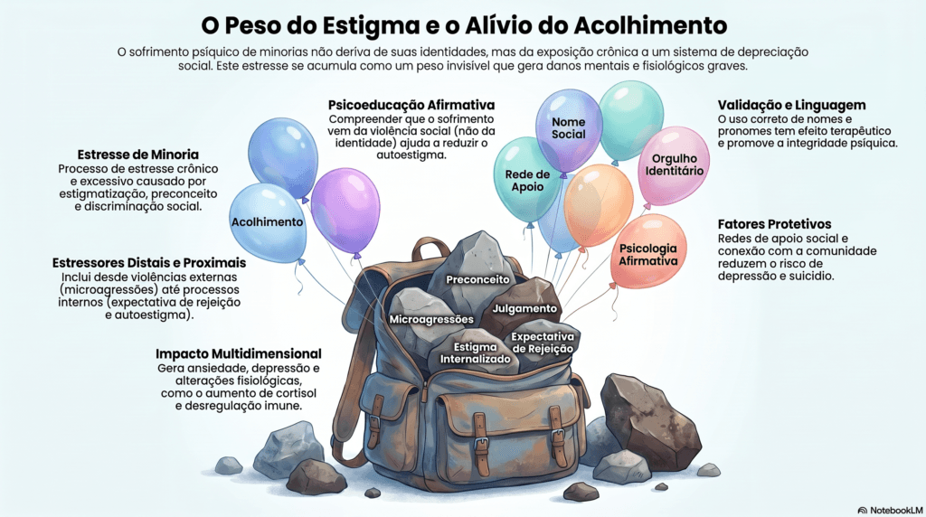 Metáfora visual ilustrando o peso do estresse de minoria e do mascaramento sobre a saúde mental na neurodivergência e comunidade LGBTQIAPN+.