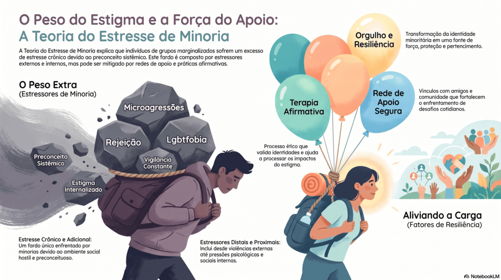 Representação visual do impacto do estresse de minoria e das dicas de autocuidado para fortalecer o Orgulho LGBTQIAPN+.