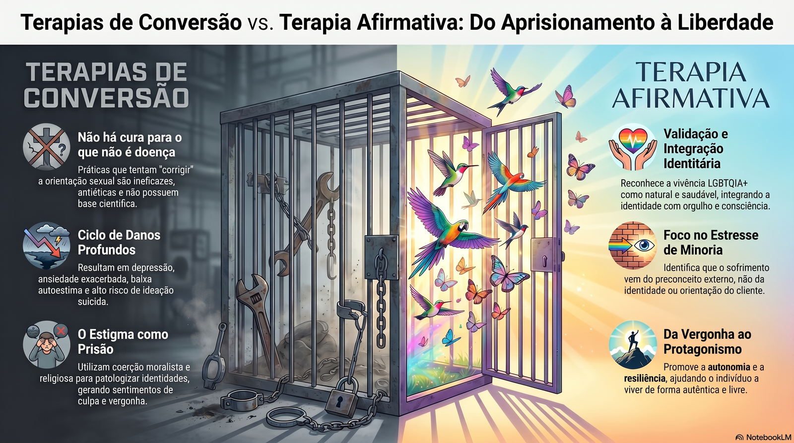 Representação visual do contraste entre os danos aprisionantes das terapias de conversão e a liberdade promovida pela Terapia Afirmativa.