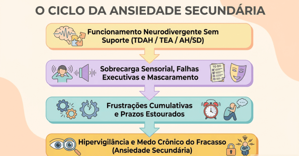 Infográfico explicativo sobre o ciclo da ansiedade secundária na neurodivergência.