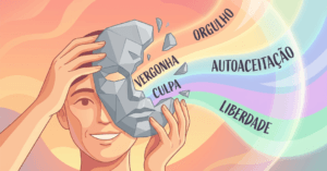Ilustração sobre o processo de desconstrução do estigma internalizado através da Terapia Afirmativa.