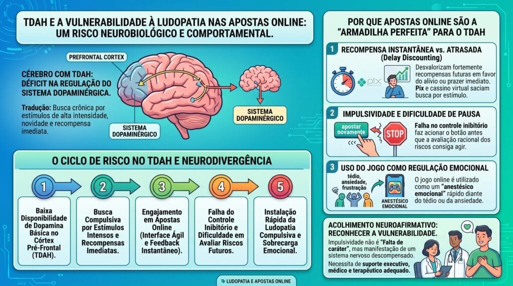 Um infográfico médico-neurobiológico que ilustra a relação entre TDAH e o desenvolvimento de Ludopatia e Apostas Online.