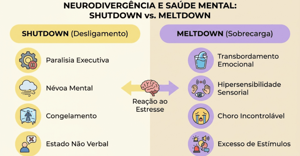 Infográfico explicativo sobre os sinais de shutdown e meltdown no processo de como saber se estou em crise.