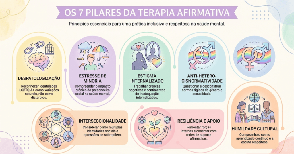 Infográfico explicativo detalhando os 7 pilares fundamentais da Terapia Afirmativa em saúde mental.