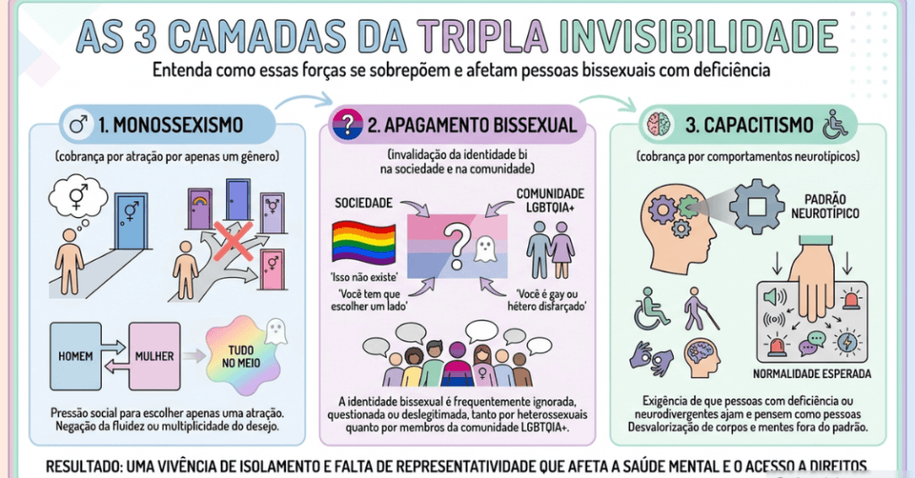 Infográfico explicativo mostrando as 3 camadas da tripla invisibilidade para quem é bissexual e neurodivergente.