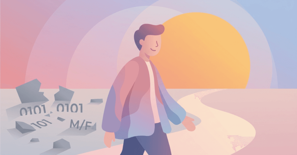Ilustração sobre bifobia e monossexismo na saúde mental e a libertação do apagamento bissexual.