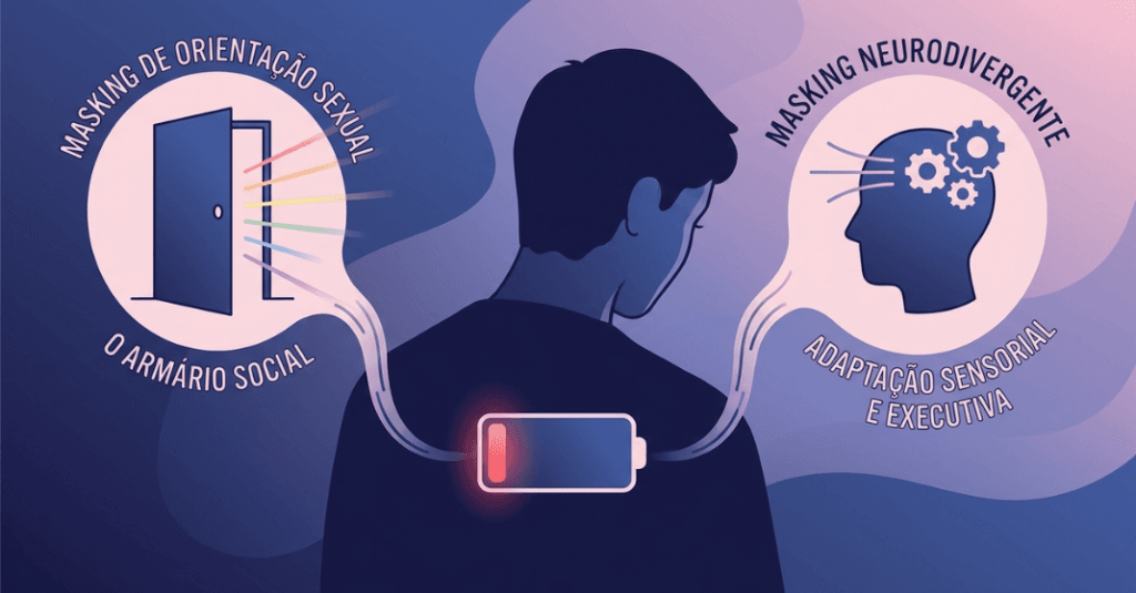 Ilustração sobre o esgotamento causado pelo duplo masking em pessoas bissexuais e neurodivergentes.