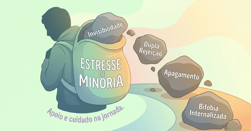 Ilustração sobre os fatores do estresse de minoria no artigo sobre bifobia e monossexismo na saúde mental.