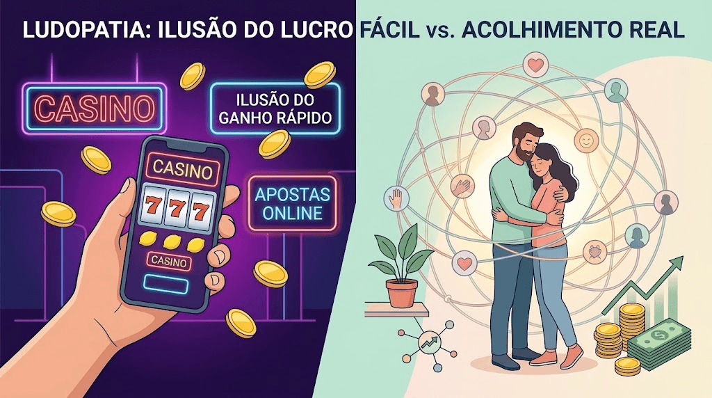 Ilustração vetorial sobre ludopatia e apostas online, mostrando a ilusão dos jogos virtuais e o acolhimento psicológico.