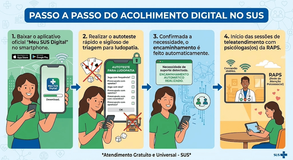 Infográfico explicativo sobre o fluxo do acolhimento digital para ludopatia no aplicativo Meu SUS Digital, mostrando o trajeto desde o autoteste de triagem até o teleatendimento psicológico pela RAPS.