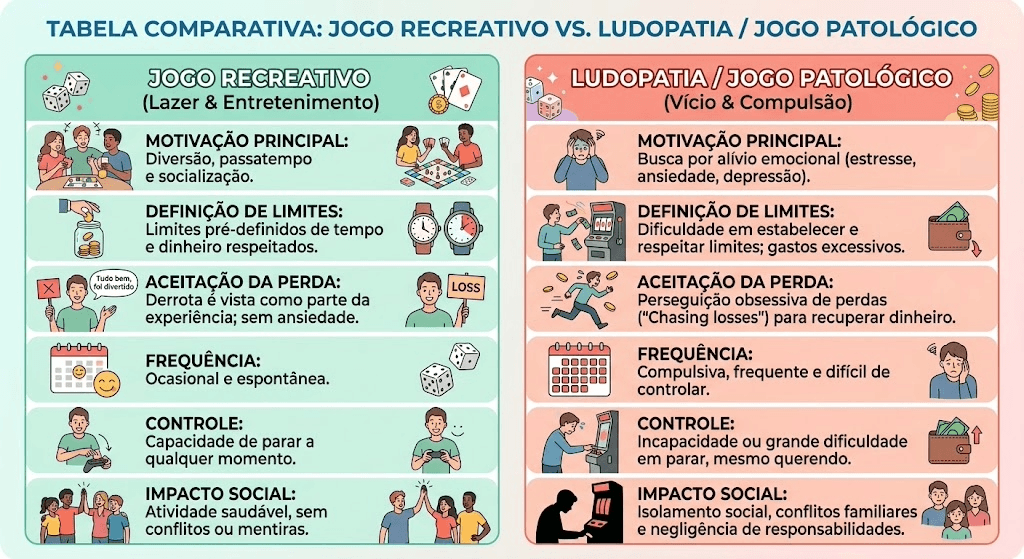 Tabela comparativa entre jogo social e jogo patológico no post sobre ludopatia e apostas online.