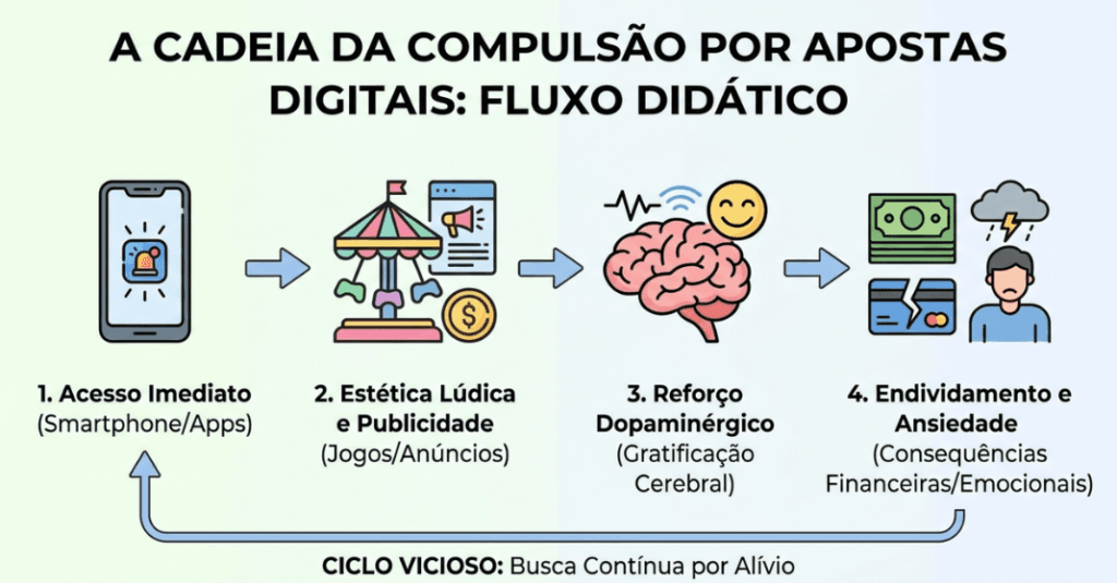 Infográfico explicativo sobre como a engenharia das plataformas virtuais atua na ludopatia e apostas online.