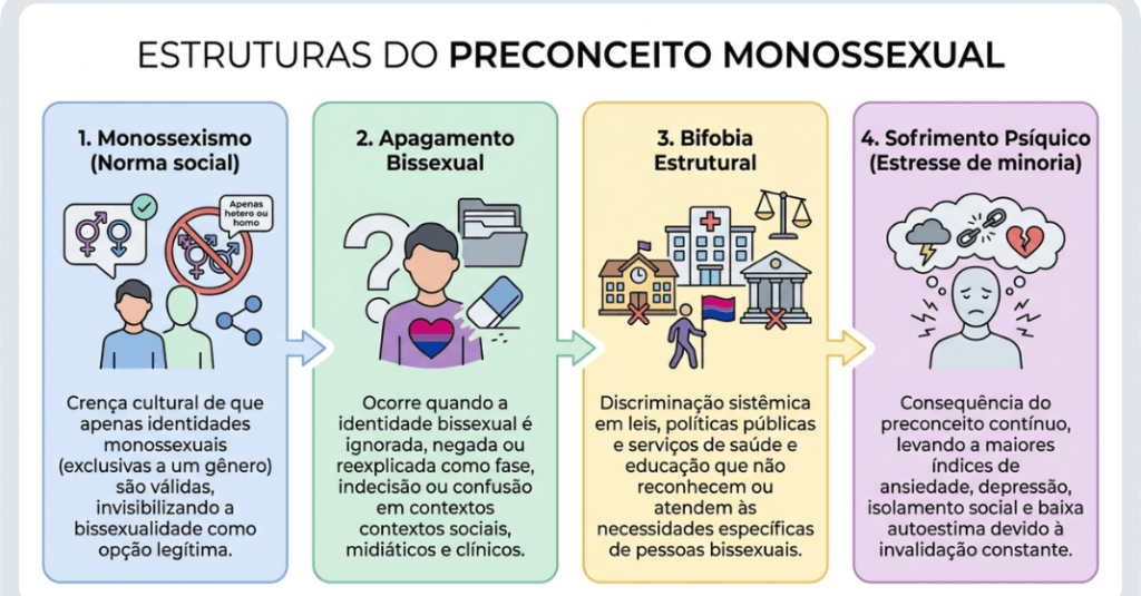Infográfico explicativo sobre o impacto da bifobia e monossexismo na saúde mental de pessoas bissexuais.