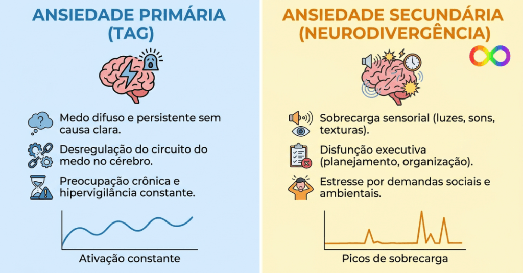 Quadro comparativo entre ansiedade primária e secundária no artigo sobre neurodivergência e ansiedade.