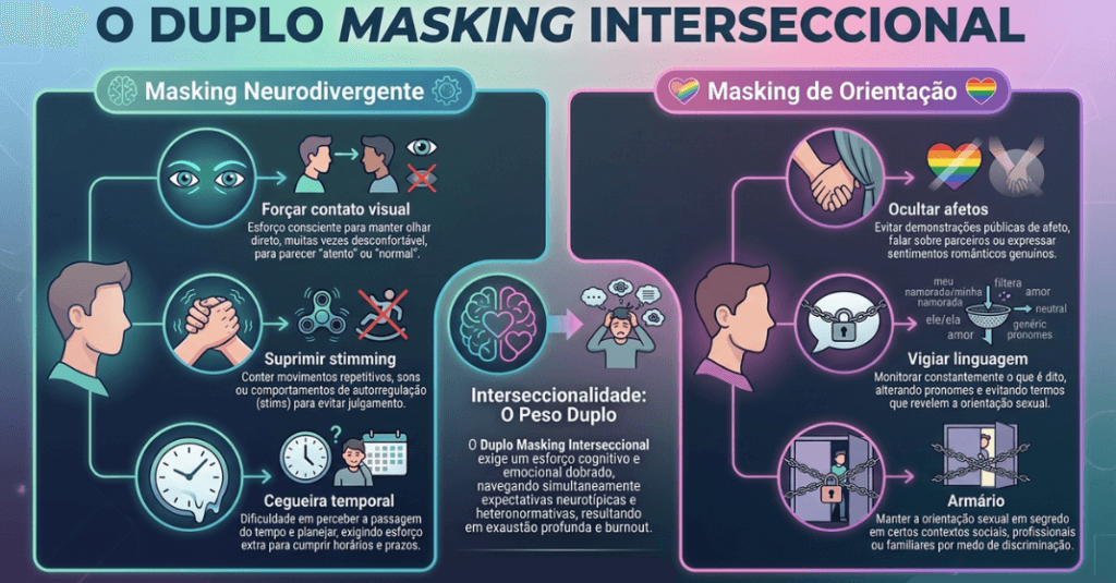 Tabela visual comparando as camadas do duplo masking no artigo sobre ser bissexual e neurodivergente.