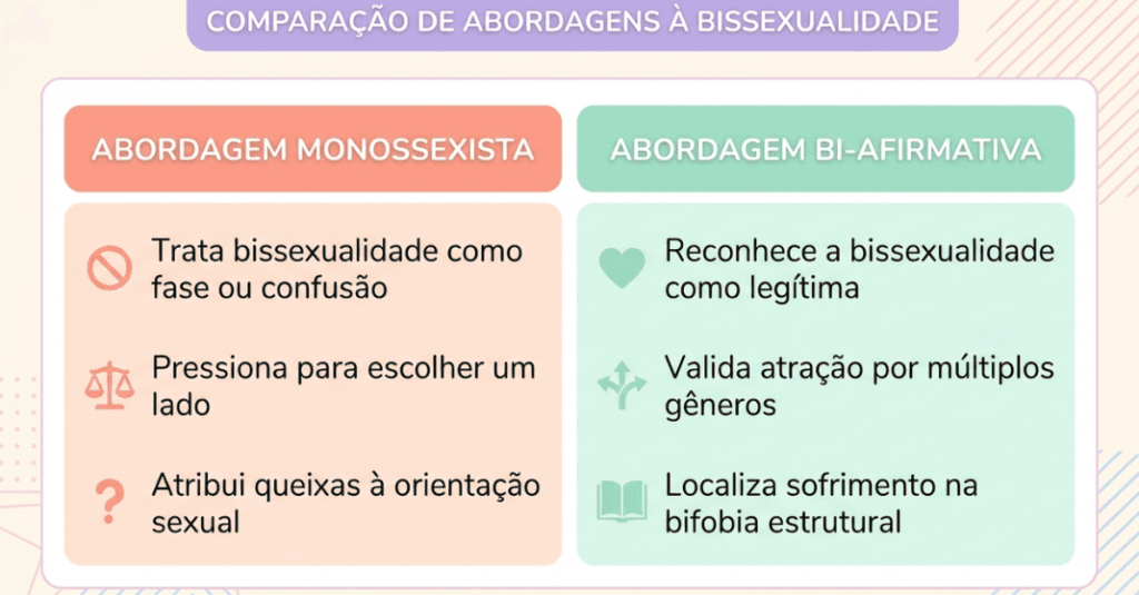 Tabela visual comparando a abordagem monossexista e a abordagem bi-afirmativa em bifobia e monossexismo na saúde mental.