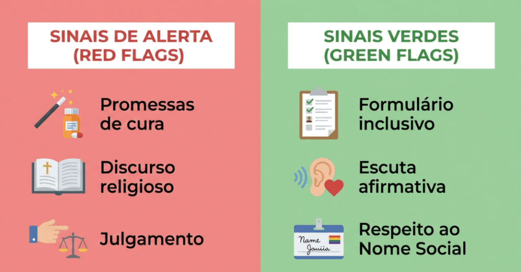 Tabela visual com sinais verdes e de alerta para avaliar e escolher uma psicóloga afirmativa.