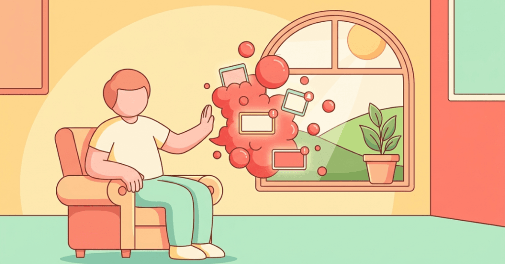 Ilustração vetorial sobre ansiedade eleitoral e saúde mental, mostrando o limite no consumo de notícias digitais.