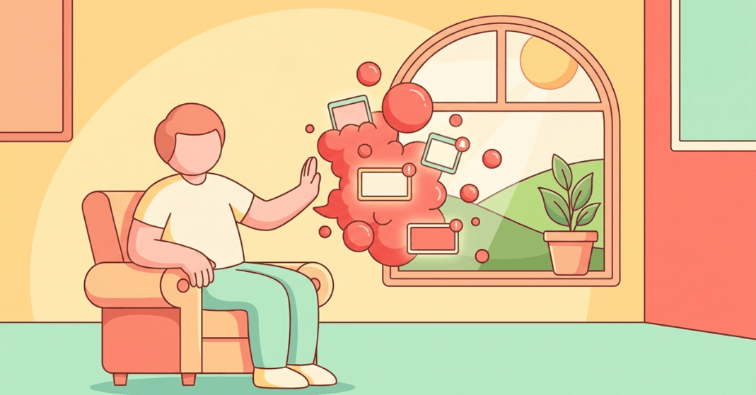 Ilustração vetorial sobre ansiedade eleitoral e saúde mental, mostrando o limite no consumo de notícias digitais.