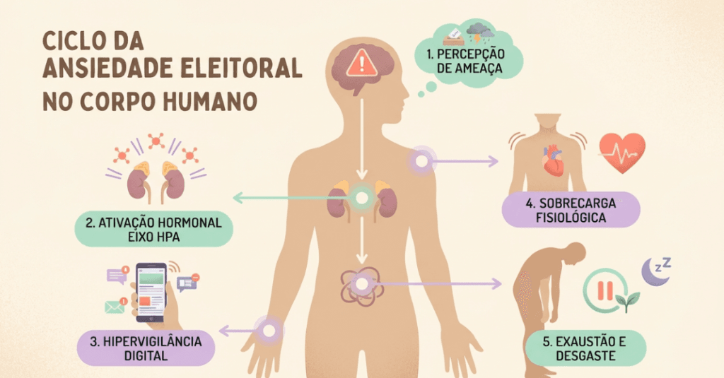 Infográfico explicativo sobre a fisiologia e o ciclo da ansiedade eleitoral no corpo humano.