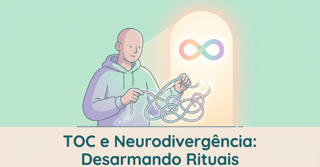 Ilustração vetorial sobre TOC e neurodivergência desarmando o ciclo de obsessões e compulsões.