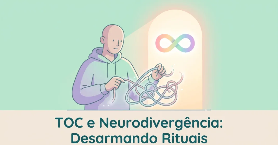 Ilustração vetorial sobre TOC e neurodivergência desarmando o ciclo de obsessões e compulsões.