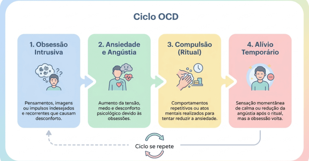 Infográfico explicativo sobre o ciclo de obsessões e compulsões no artigo sobre TOC e neurodivergência.