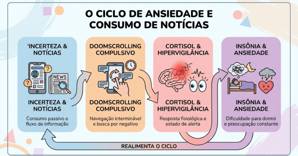 Infográfico explicativo sobre o impacto do doomscrolling no artigo de ansiedade eleitoral e saúde mental.