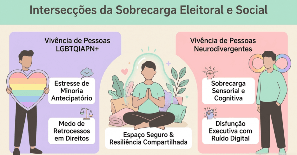 Infográfico sobre as intersecções da sobrecarga eleitoral e social para pessoas LGBTQIAPN+ e neurodivergentes.