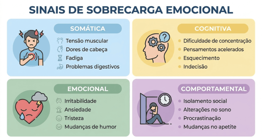 Quadro de sinais de sobrecarga emocional e física no post sobre ansiedade eleitoral e saúde mental.